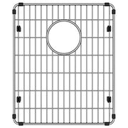 Stainless steel sink grid with vertical and horizontal wires, circular drain hole, and corner mounting clips.