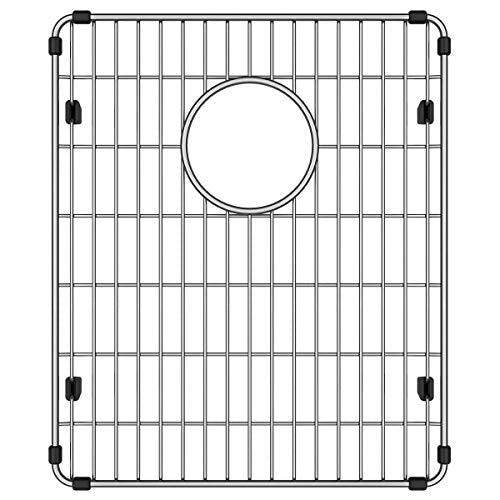 Stainless steel sink grid with vertical and horizontal wires, circular drain hole, and corner mounting clips.