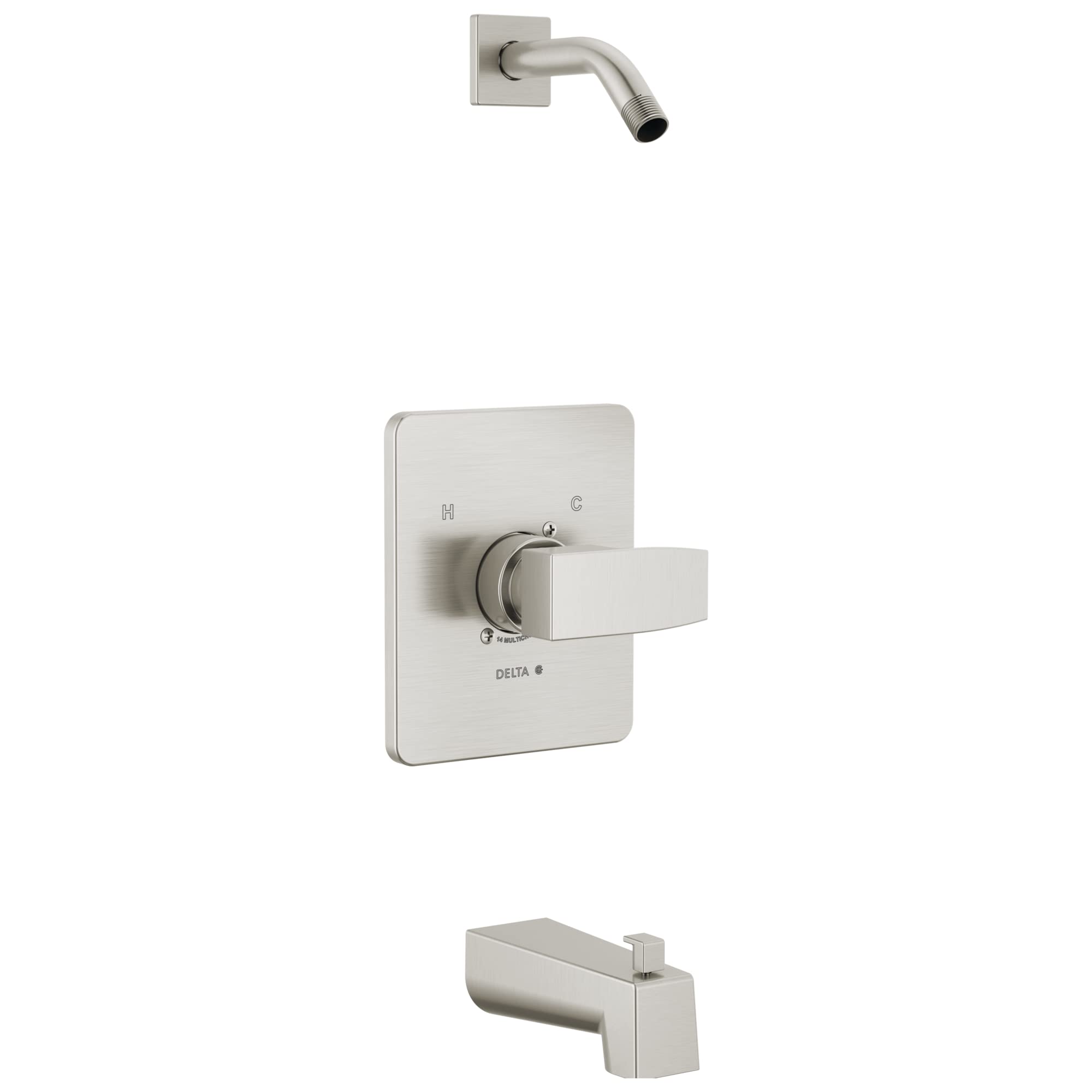 Brushed nickel square tub and shower trim with single lever handle, curved spout, and wall mount plate.