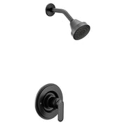 Matte black single-handle tub and shower faucet with round shower head and lever control valve.