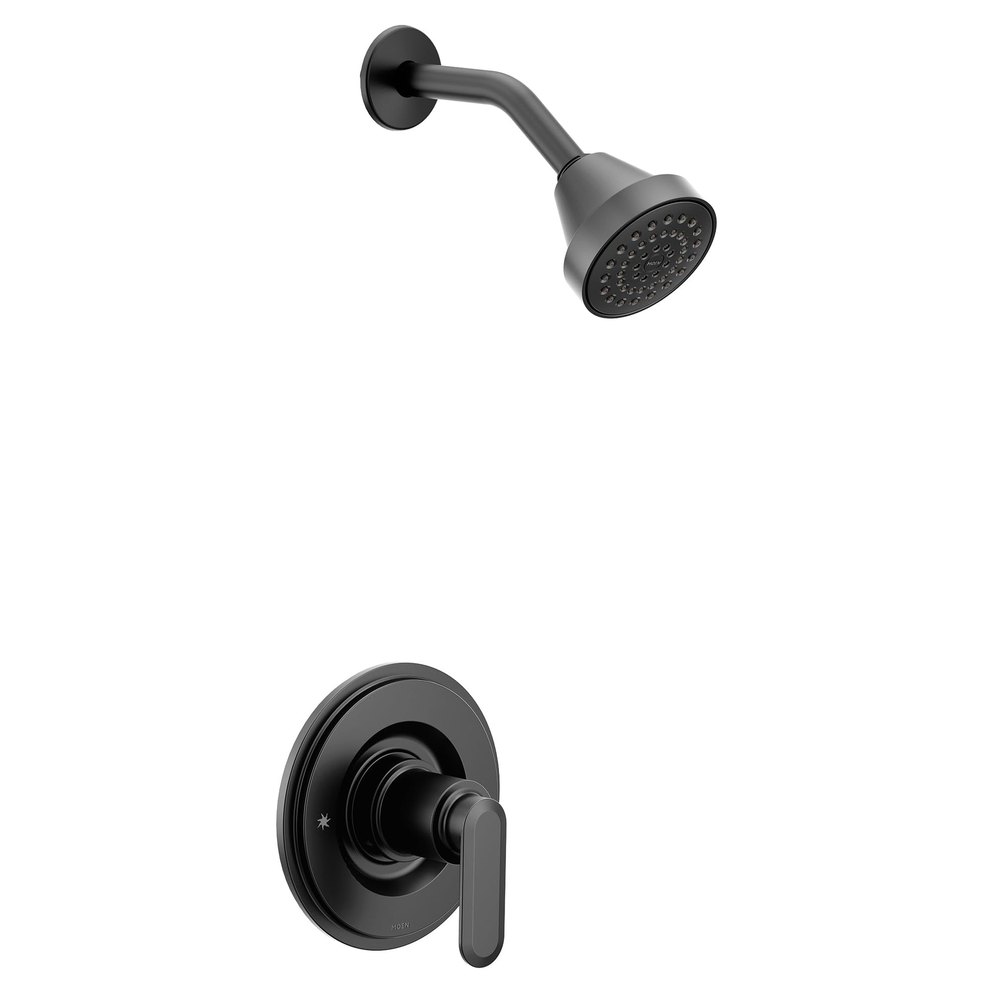 Matte black single-handle tub and shower faucet with round shower head and lever control valve.