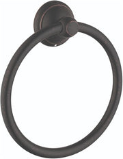 Rubbed bronze circular towel ring with wall-mounted backing plate and small finial detail.