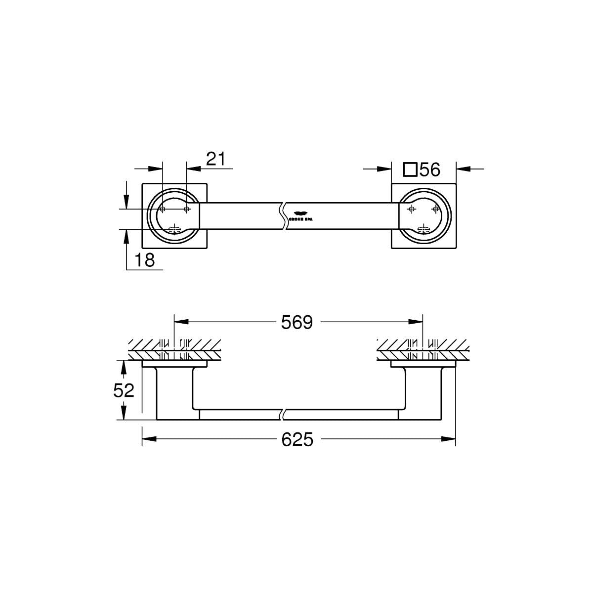 Technical drawings showing front and installation views of a chrome towel bar with mounting dimensions and specifications.