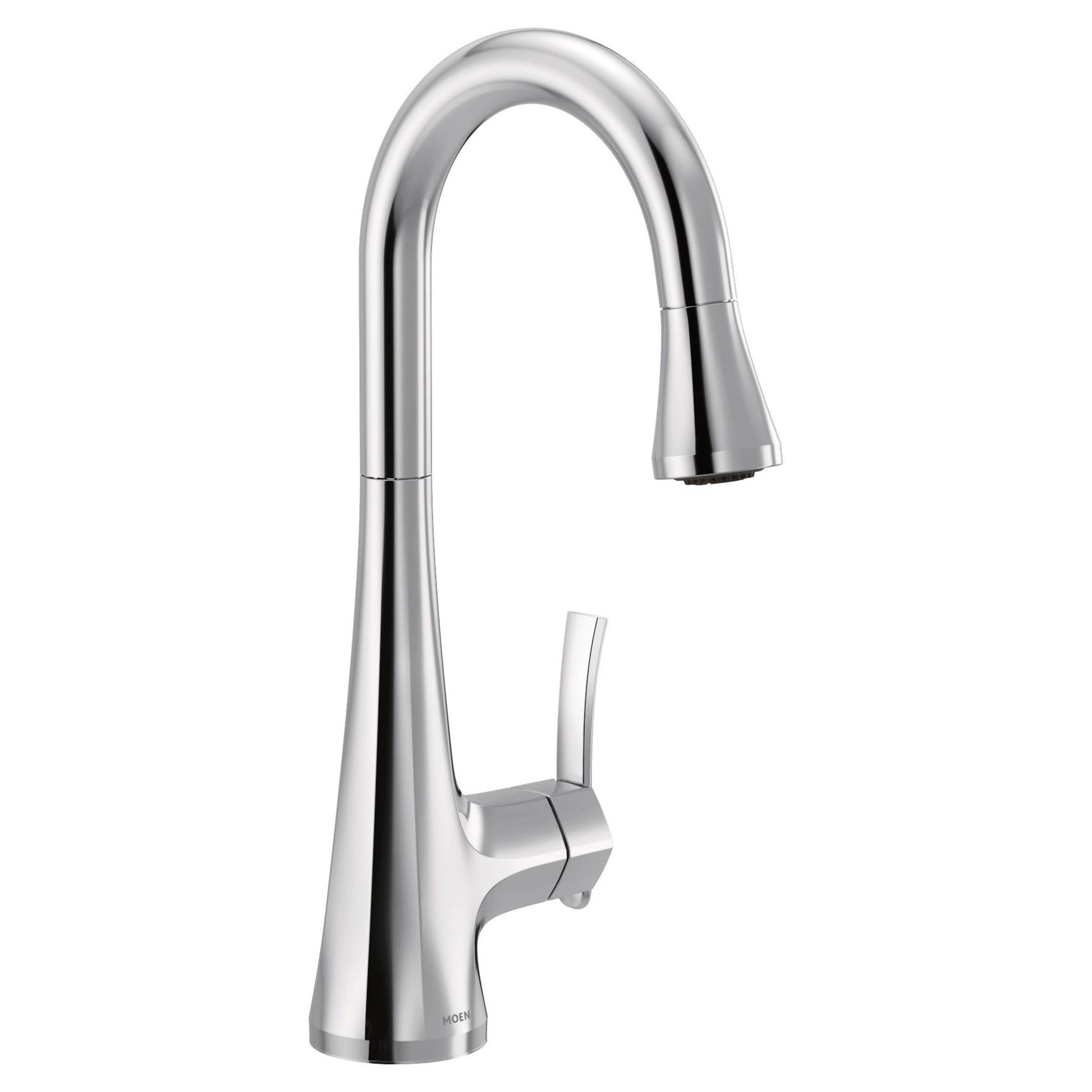 Chrome single-handle kitchen faucet with high arc spout and pulldown spray wand.
