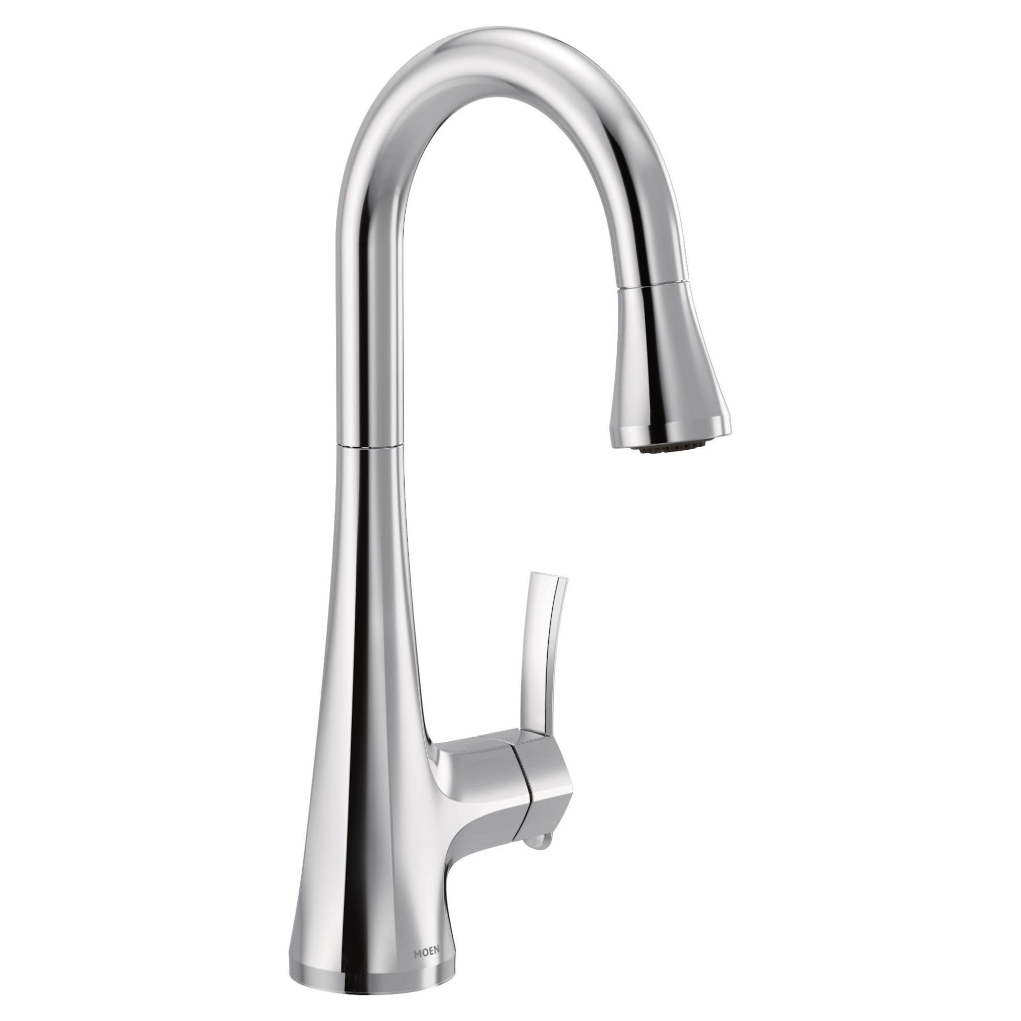 Chrome single-handle kitchen faucet with high arc spout and pulldown spray wand.
