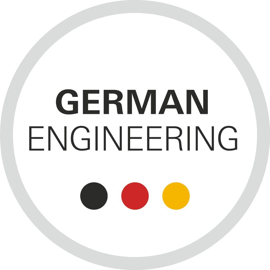 Round chrome wall plate with gray border and "German Engineering" text with three colored dots below.
