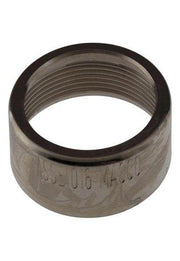 Metallic cylindrical bonnet with black rubber ring inside and threaded interior surface.