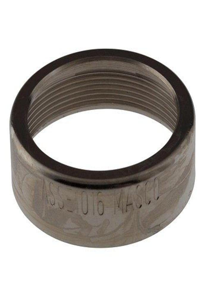 Metallic cylindrical bonnet with black rubber ring inside and threaded interior surface.