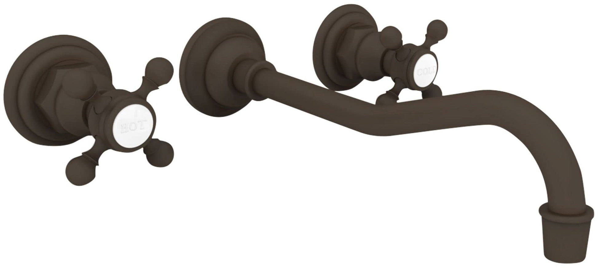 Oil-rubbed bronze wall-mount bathroom faucet with two cross-handle valves and curved spout.