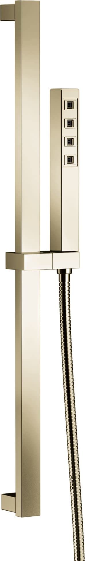 Brushed nickel square slide bar shower system with hand shower head, hose, and four-button control panel mounted vertically.