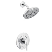 Chrome round rain shower head with curved arm and single-handle trim valve with circular escutcheon plate.