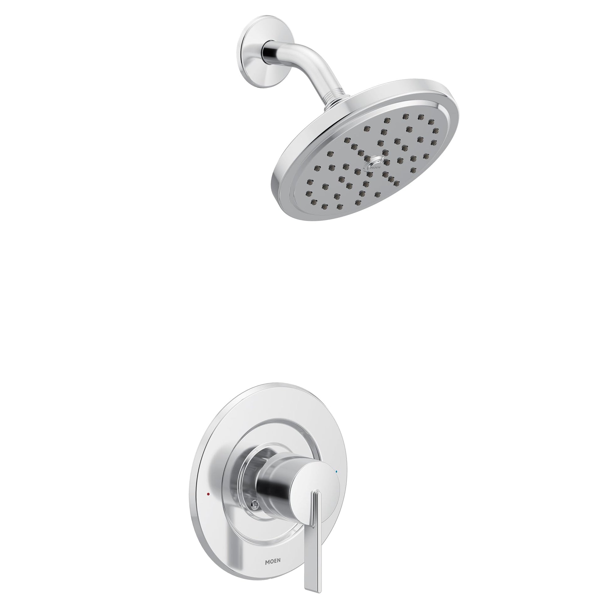 Chrome round rain shower head with curved arm and single-handle trim valve with circular escutcheon plate.