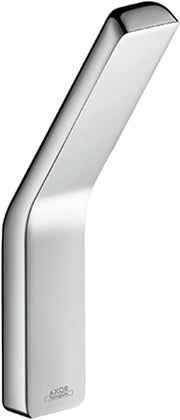 Chrome hook with curved design and flat rectangular base, angled upward.