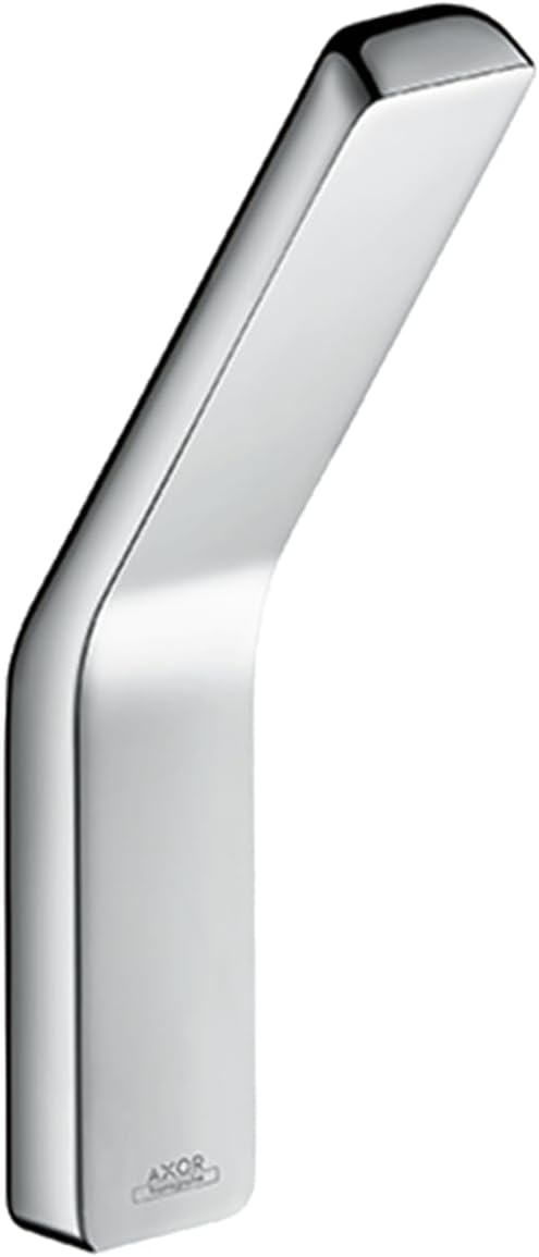 Chrome hook with curved design and flat rectangular base, angled upward.