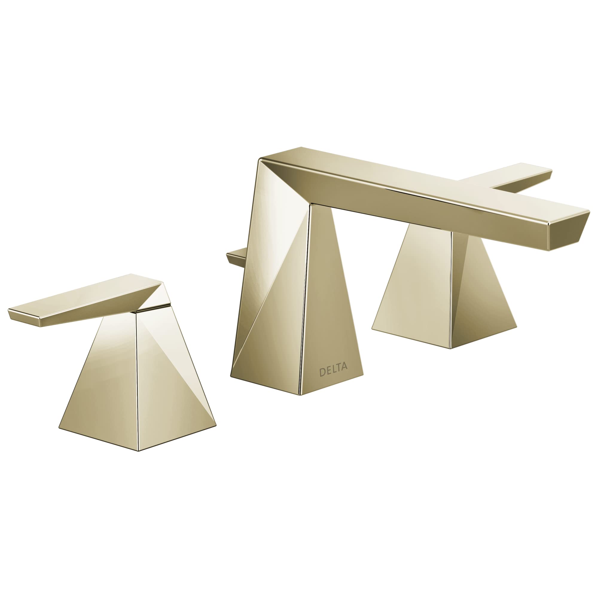 Champagne gold bathroom faucet with two handles, pyramid-shaped bases, and a spout connecting the three components.