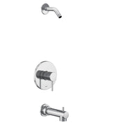 Chrome tub and shower trim kit with single handle valve, curved showerhead, and tub spout.