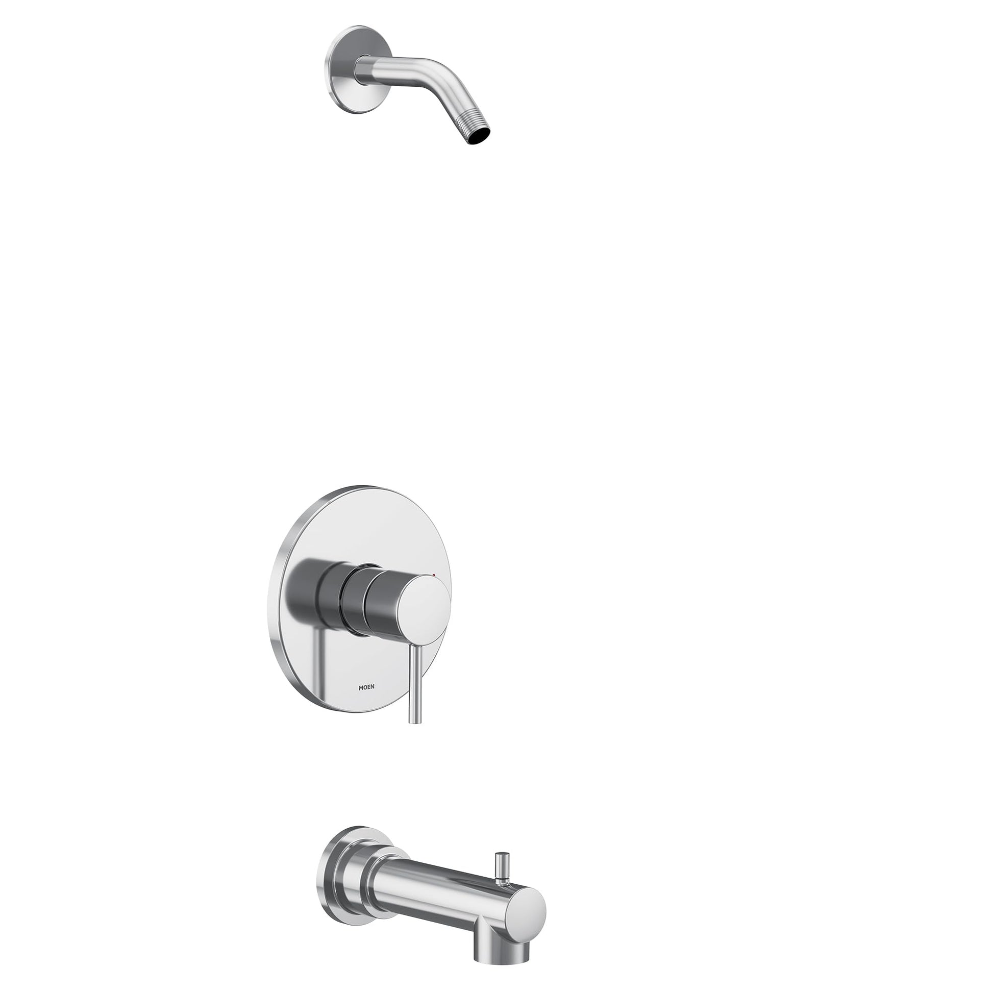 Chrome tub and shower trim kit with single handle valve, curved showerhead, and tub spout.