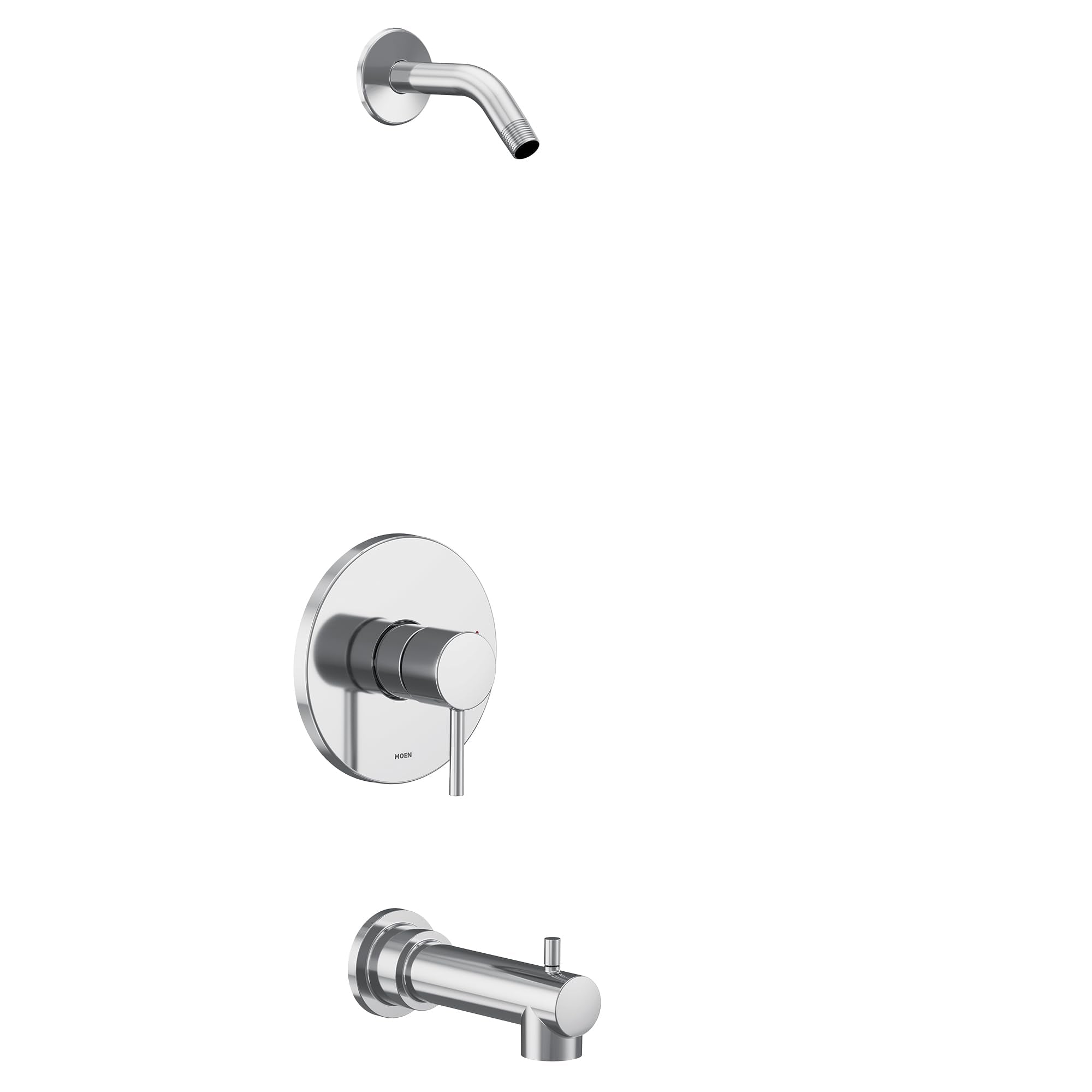 Chrome tub and shower trim kit with single handle valve, curved showerhead, and tub spout.