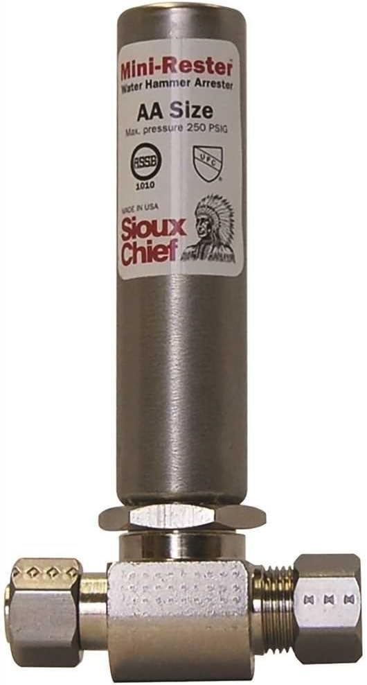 Sioux Chief MiniRester water hammer arrester with cylindrical body, compression tee fitting, and brass connectors, rated 250 