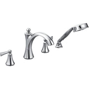 Chrome roman tub faucet with two lever handles, curved spout, and detachable hand shower.