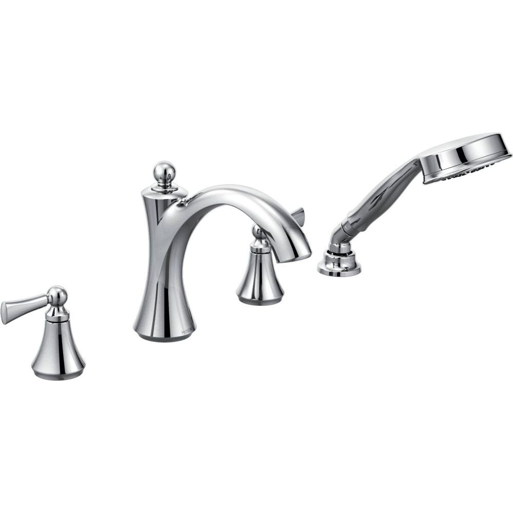 Chrome roman tub faucet with two lever handles, curved spout, and detachable hand shower.