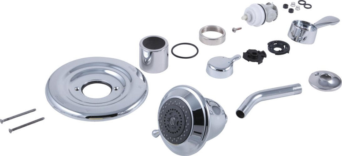 Chrome conversion kit components including showerhead, trim ring, handles, cartridge, spout, and mounting hardware displayed 