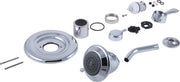 Chrome conversion kit components including showerhead, trim ring, handles, cartridge, spout, and mounting hardware displayed 