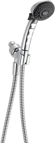 Chrome hand shower with adjustable mount and flexible hose, featuring multiple spray jets on shower head.