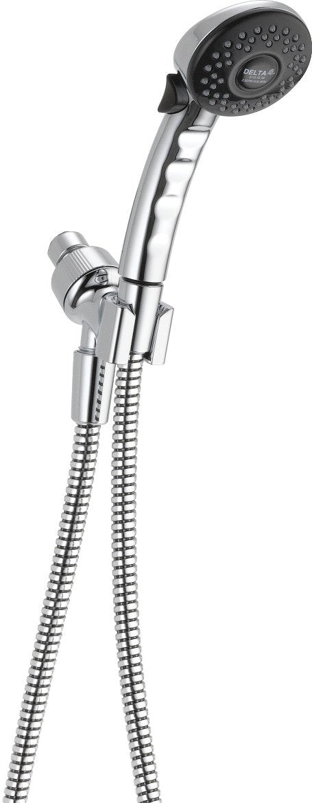 Chrome hand shower with adjustable mount and flexible hose, featuring multiple spray jets on shower head.