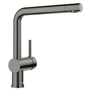 Satin dark steel pull-out kitchen faucet with cylindrical handle and angled spout.