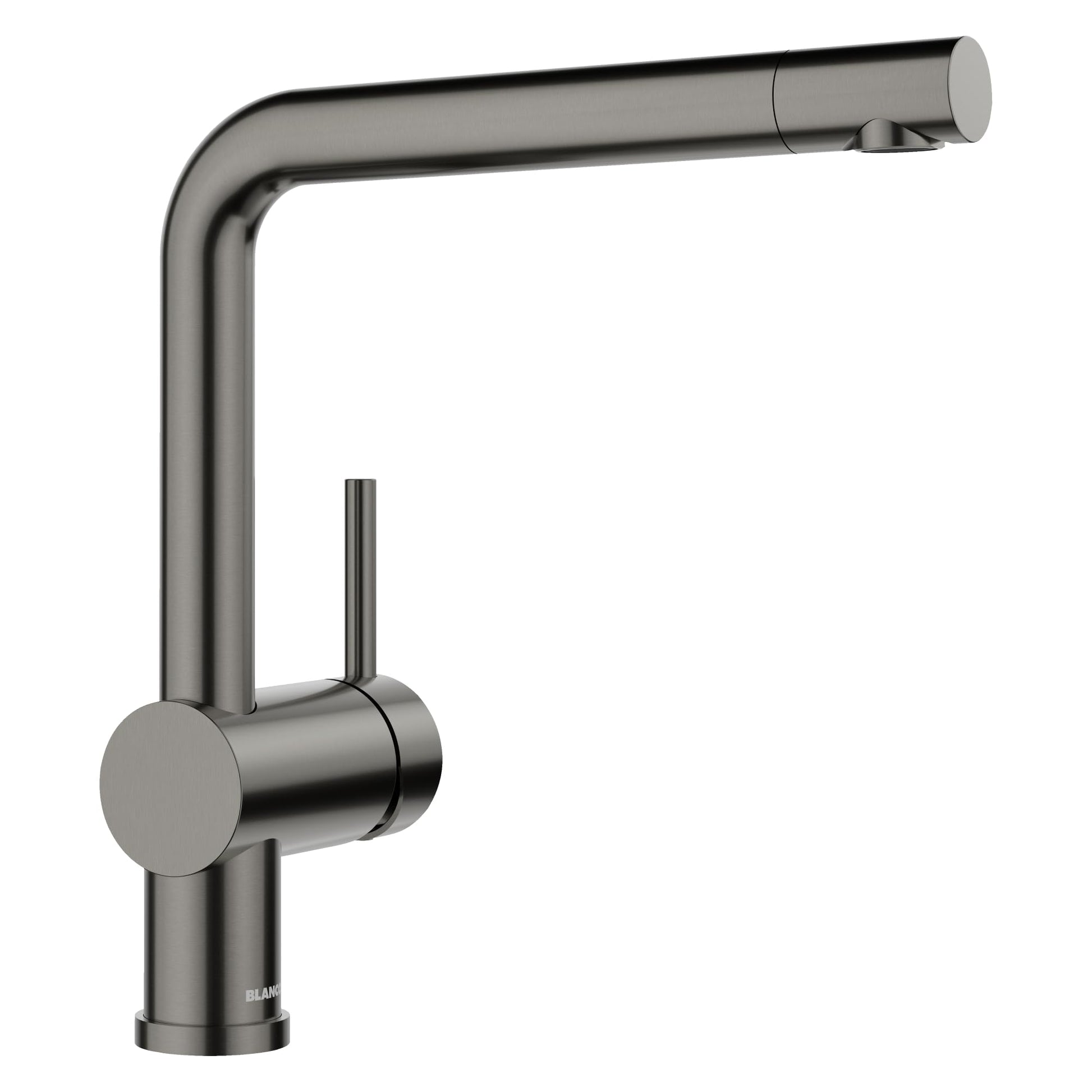Satin dark steel pull-out kitchen faucet with cylindrical handle and angled spout.