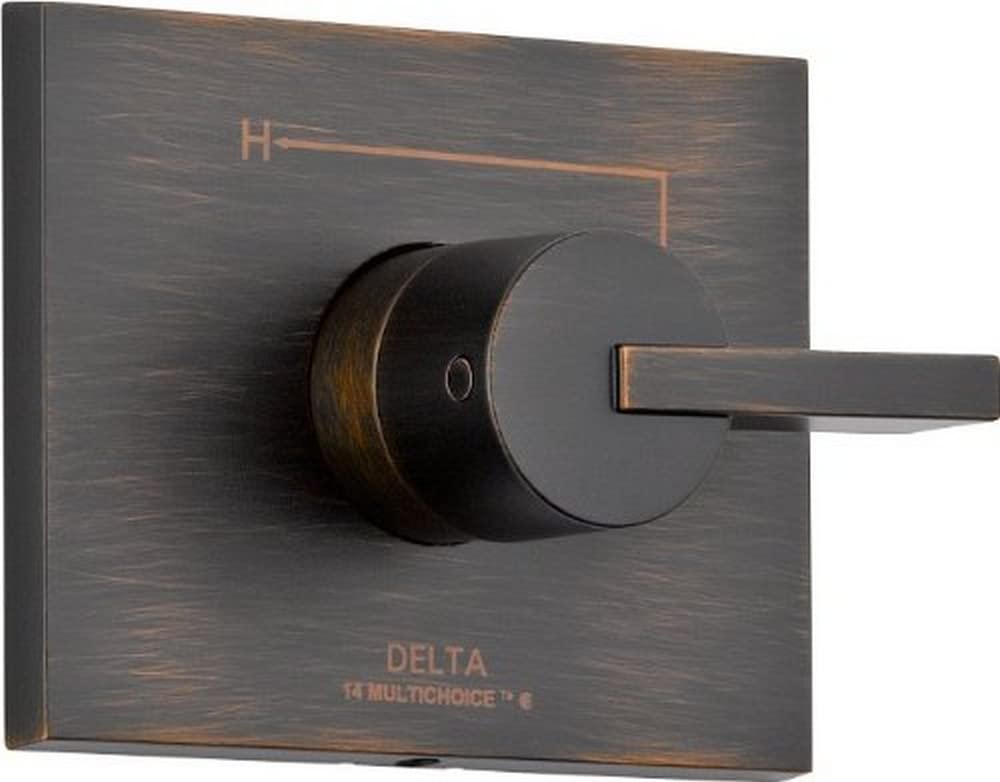 Oil-rubbed bronze monitor valve trim with single lever handle and square escutcheon plate.