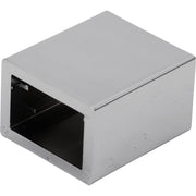 Chrome-finished square mounting bracket with hollow interior opening and contemporary design.