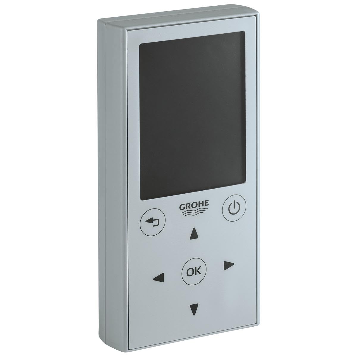 Grohe chrome remote control with digital display and directional buttons for water system operation.
