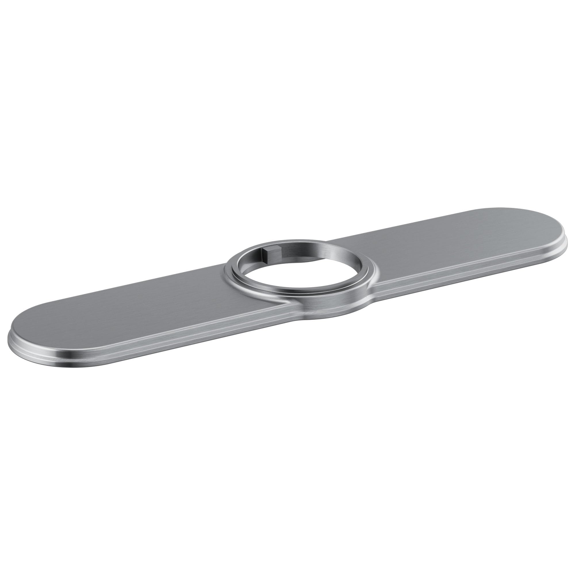 Arctic stainless steel escutcheon with circular opening for pulldown faucet installation.
