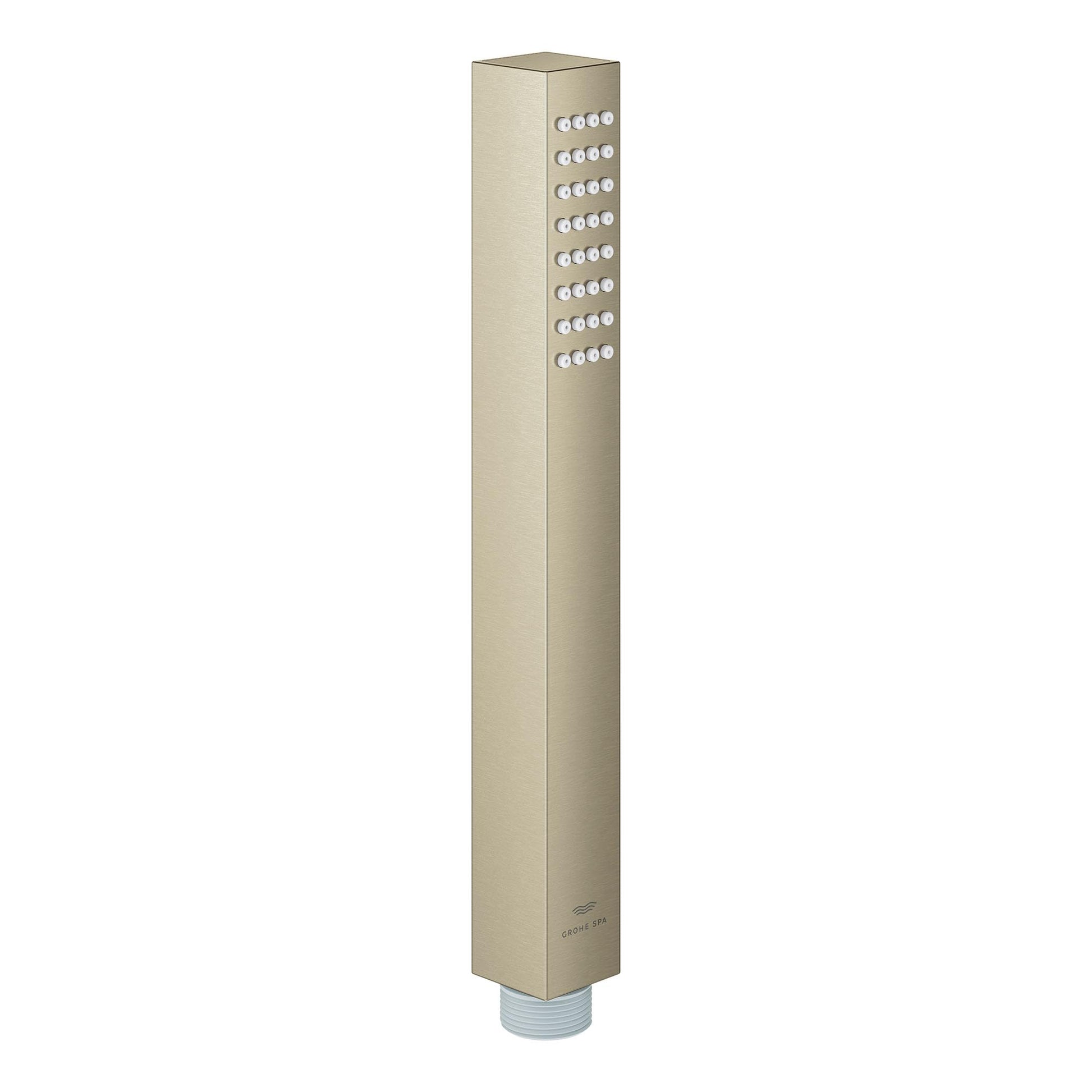 Tall rectangular brushed nickel hand shower with multiple circular spray nozzles arranged in vertical rows.