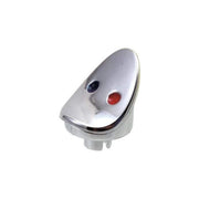 Chrome-finished button with blue cold indicator dot and red hot indicator dot for faucet valve control.