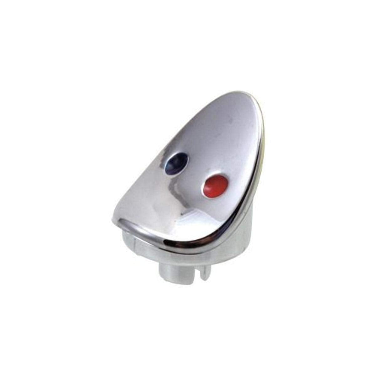 Chrome-finished button with blue cold indicator dot and red hot indicator dot for faucet valve control.