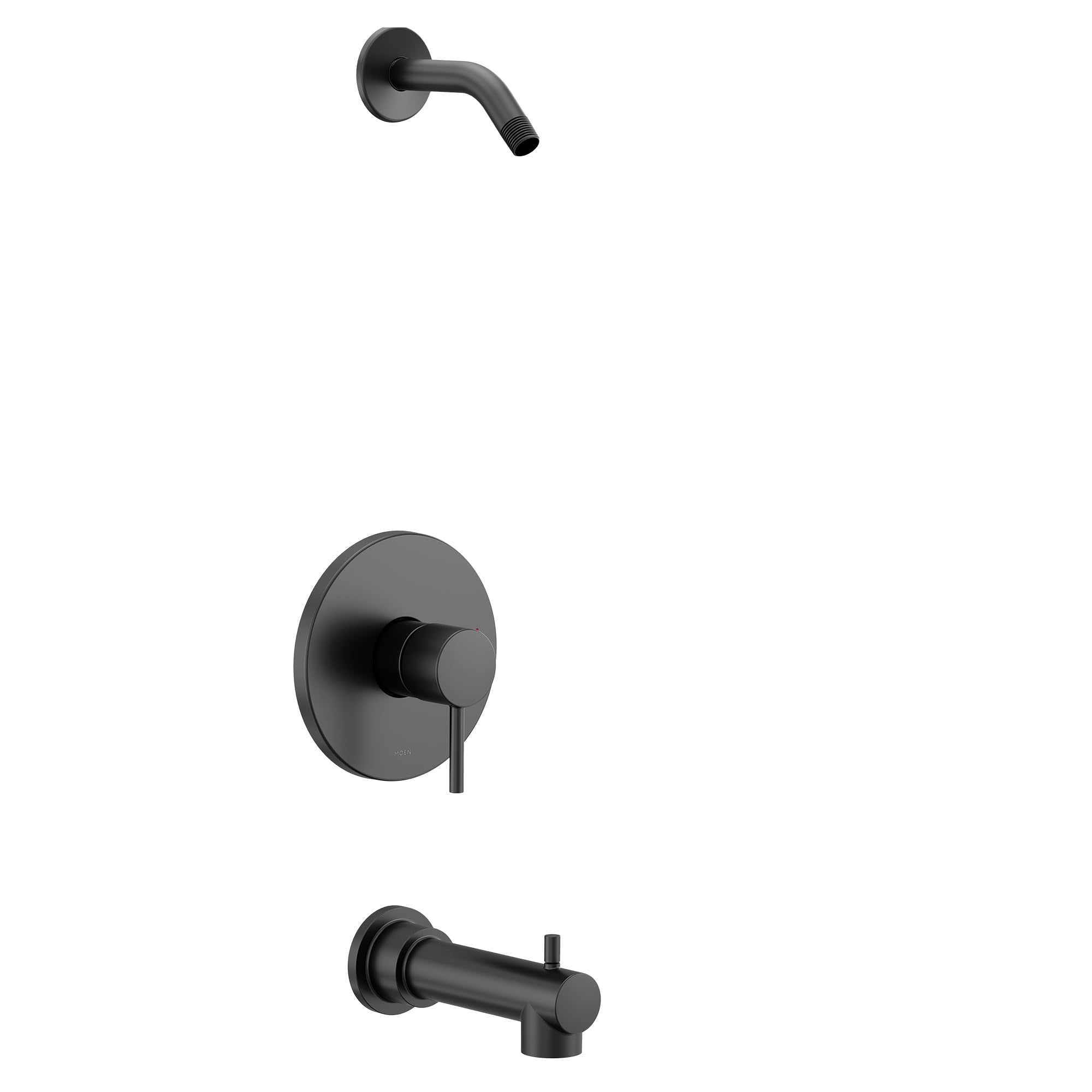 Matte black tub and shower trim kit with single handle valve, curved showerhead, and tub spout.