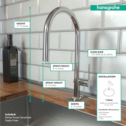 Chrome high-arc kitchen faucet with pull-down sprayer head, 17.75 inches tall, installed on countertop with subway tile backs