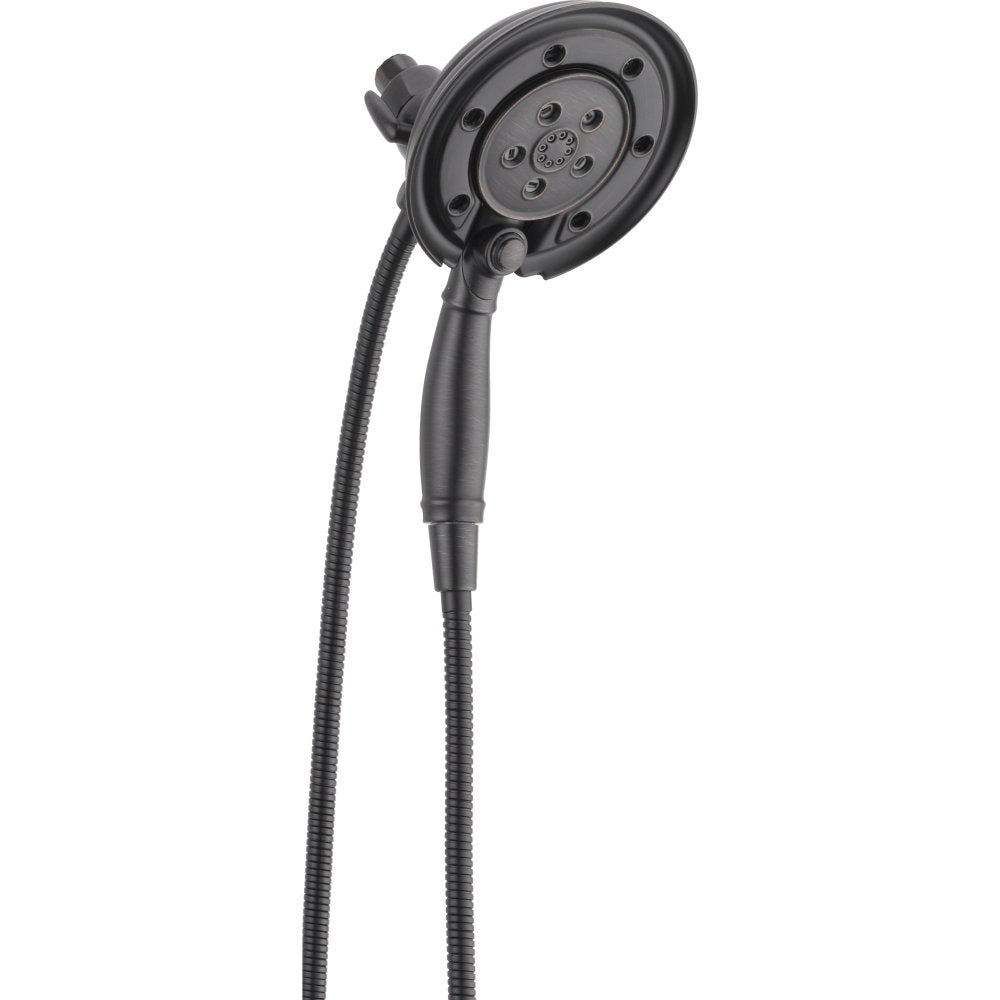 Black two-in-one shower head with handheld attachment and flexible hose connected to wall mount.
