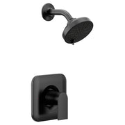 Matte black shower trim kit with round showerhead and curved arm, plus square valve trim plate with lever handle.