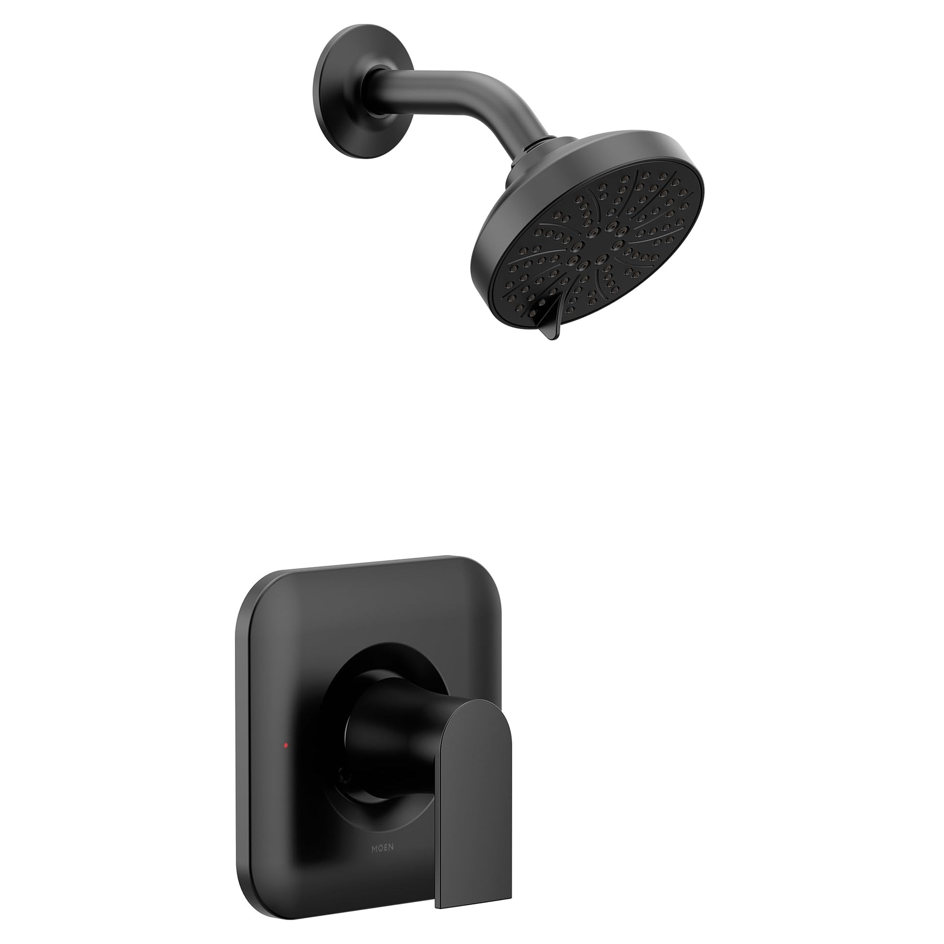 Matte black shower trim kit with round showerhead and curved arm, plus square valve trim plate with lever handle.