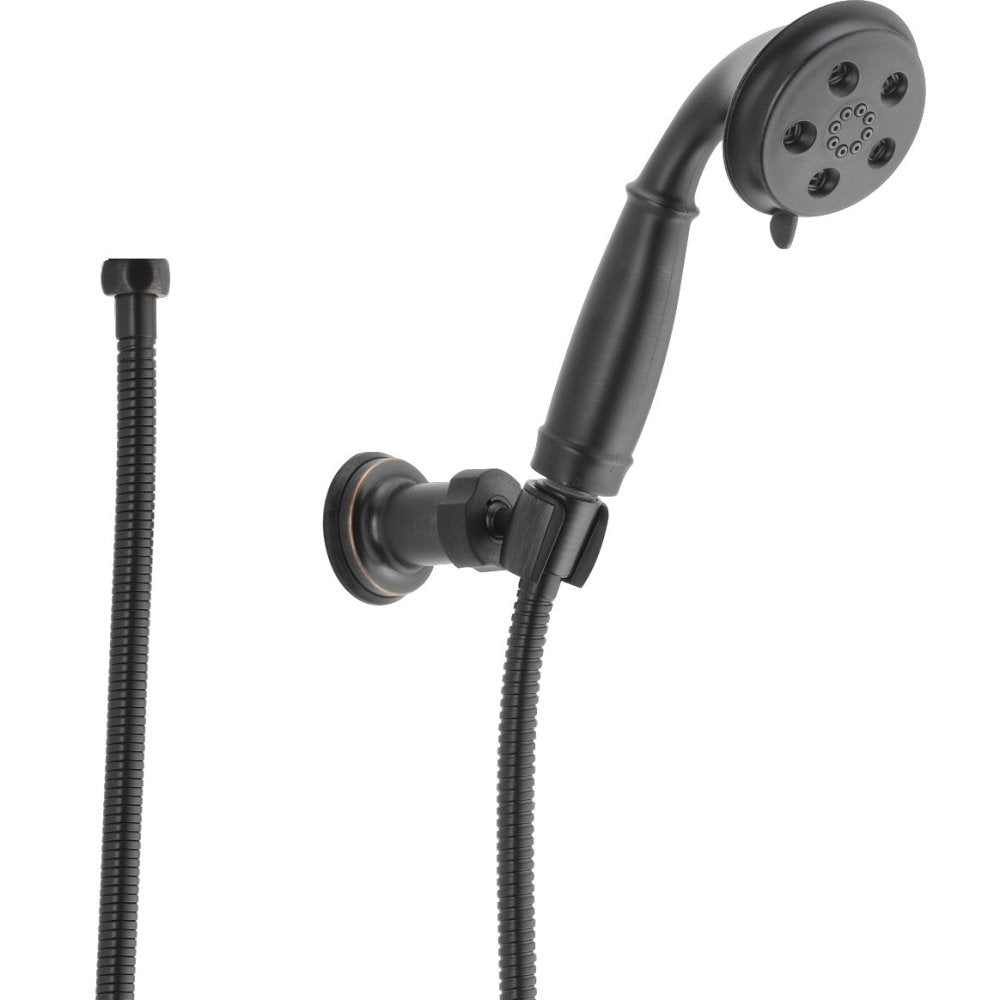 Black hand shower with circular showerhead featuring multiple spray holes, adjustable wall mount bracket, and flexible hose.