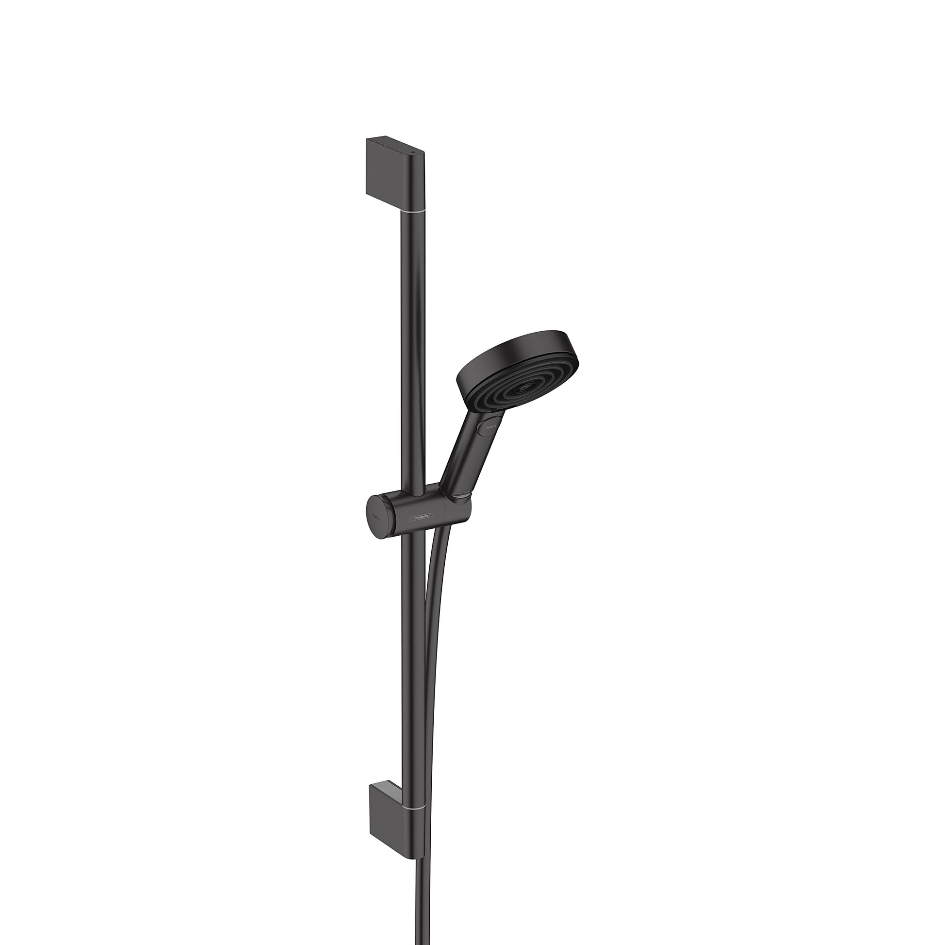 Matte black handheld showerhead with vertical slide bar and adjustable holder on white background.