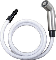 Stainless steel side spray with clear hose, black connector fitting, and angled spray head on white background.