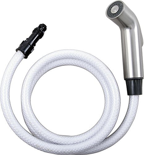Stainless steel side spray with clear hose, black connector fitting, and angled spray head on white background.