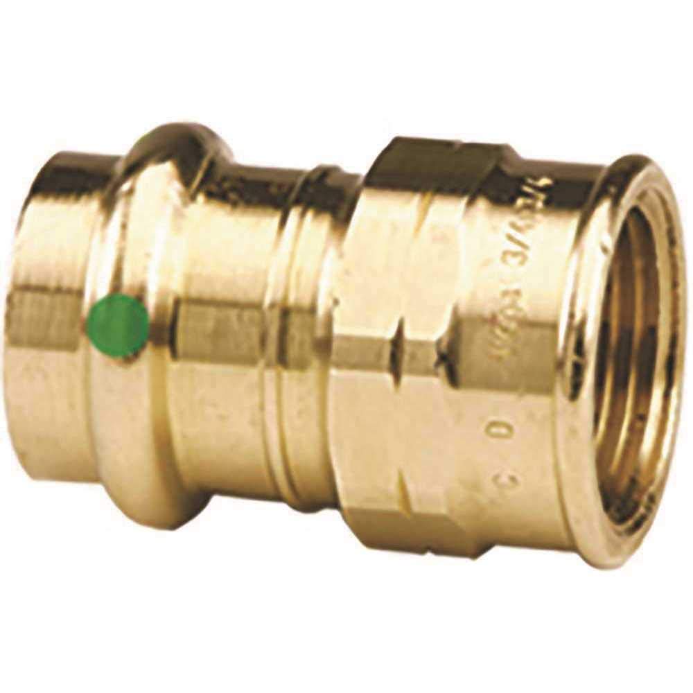 Bronze press adapter with 3/4" press connection on left and 3/4" female thread on right, green indicator dot visible.
