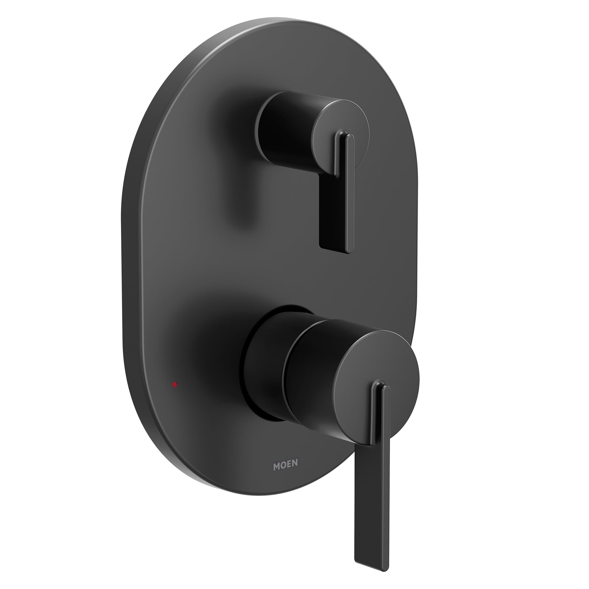 Matte black oval shower trim with two lever handles and integrated valve control.