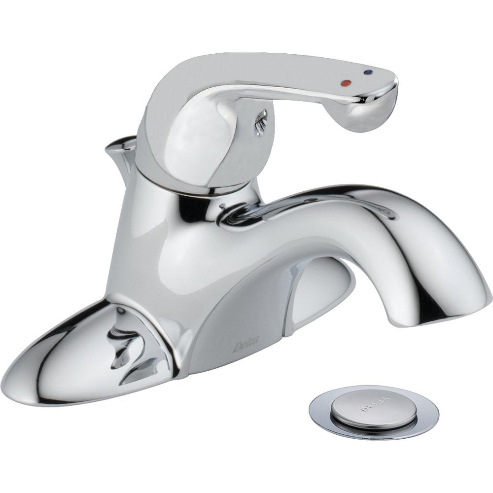 Chrome single handle bathroom faucet with curved spout, white handle lever, and pop-up drain stopper shown separately below.